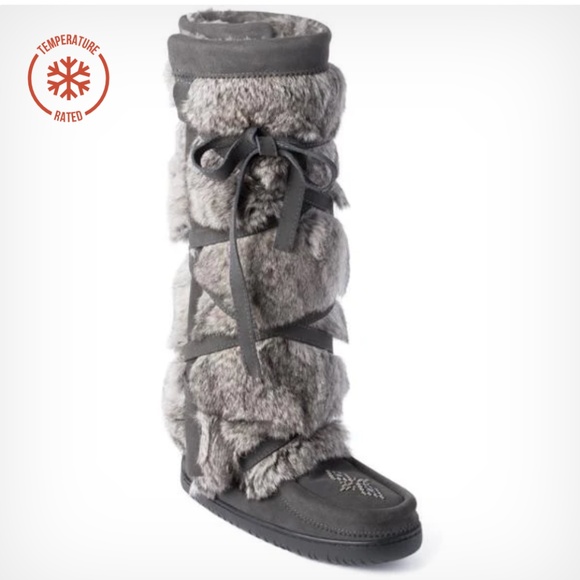 Manitobah Mukluks Rabbit-Fur Tall Wrap Boot - Charcoal Grey - Size 9 - Picture 1 of 6